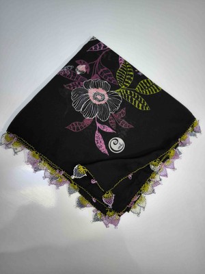 Cenk Reyyan Ipek El Yazması- El Yapimi Lgne Oyasi Islemeli Çok Renkli Çiçek Motifli Şık eşarp