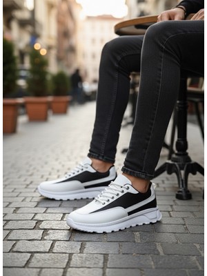 Ebrus Trend ET0246 Beyaz Siyah Parçalı Bağcıklı Yüksek Taban Günlük Erkek Ayakkabı