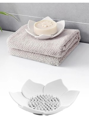Omilife Lotus Desenli Sabun ve Sünger Tutacağı Silikon (Beyaz) Su Giderli Lotus Şekilli Şık Katı Sabunluk