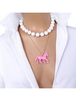 Sinem Şanlı At Figürlü Renkli Akrilik Boncuk & Çelik Zincir Ikili Kolye Seti Rengini Seç