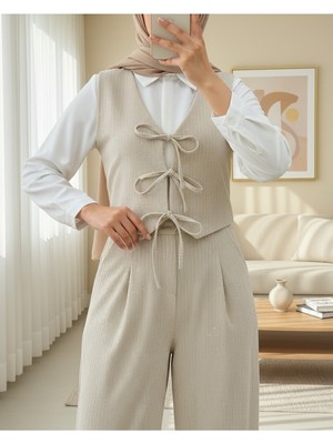 Modamorfo Önü Bağlamalı Yelek Pantolon Kadife Takım  -Bej