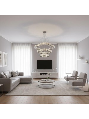 Elizim Home Lighting Casel 3 Katlı Kristal Taşlı Krom Ledli Avize