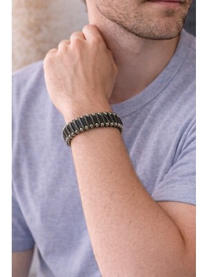 Herşey Nota Siyah Hakiki Deri Erkek Bileklik – Çelik Boncuk Detaylı Modern TASARIM-1357