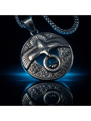 Antik Gümüş Paslanmaz Çelik Norse Tasarım Viking Kuzgun & Valknut  Kolye