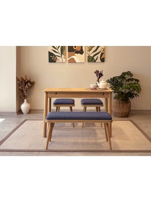 Rabi Miora Mini Açılır Mutfak Masa Takımı Karina Meşe Lacivert(1 Masa+2 Tabure +1 Bench)