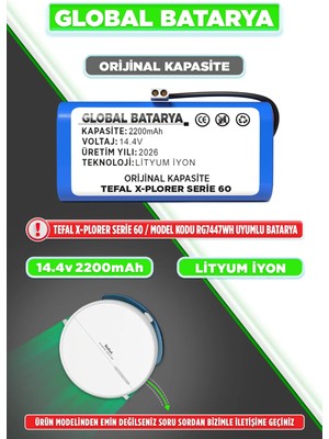 Global Batarya Tefal Explorer Serie 60 Uyumlu Robot Süpürge Bataryası 14.4V 2200mAh Li-ion Pil (Orijinal Kapasite)