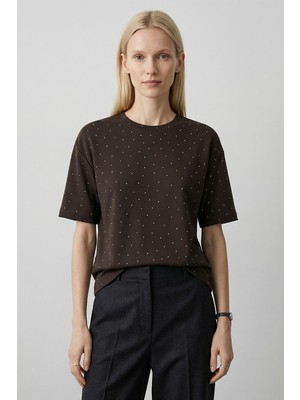 Rays 8255 Taşlı Bisiklet Yaka Tişört Acı Kahve