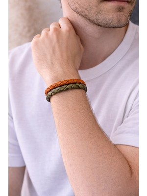 Herşey Nota Turuncu Haki Hakiki Deri Erkek Bileklik – Çift Sıra Örgü TASARIM-1356