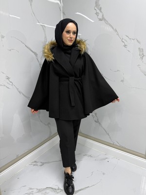 Modarte Kadın Kürklü Panço Standart Beden Siyah – Kışlık Şık