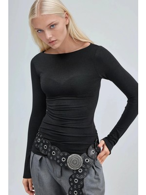 Hiccup Kadın Busem Kayık Yaka Uzun Kollu Hafif Bluz Siyah