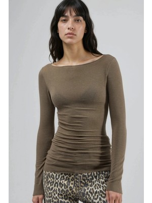 Hiccup Kadın Busem Kayık Yaka Uzun Kollu Hafif Bluz Haki Yeşil