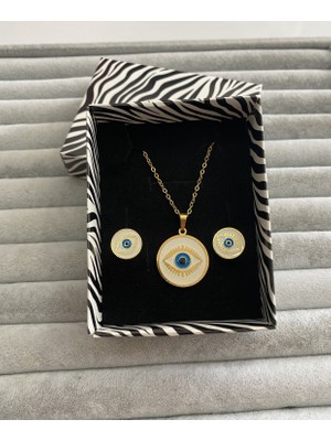 Pink Göz Kolye-Küpe Seti Beyaz Yuvarlak