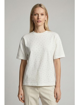 Rays 8255 Taşlı Bisiklet Yaka Tişört Ekru