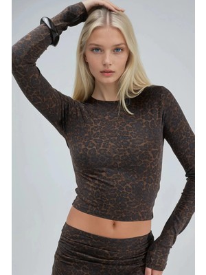Hiccup Kadın Busem Leopar Desenli Dar Kesim Kısa Bluz Kahve Kahvesi