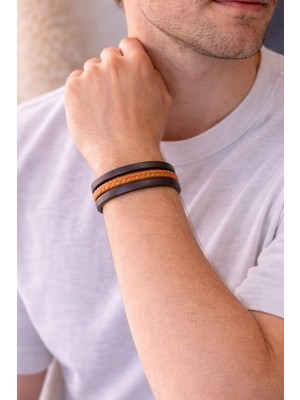 Herşey Nota Turuncu Örgü Detaylı Kahverengi Hakiki Deri Erkek Bileklik – Çift Katlı TASARIM-1354