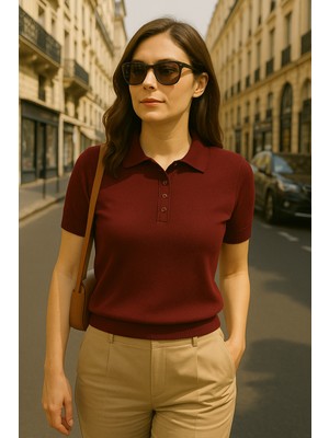 Shophia Polo Yaka Kısa Kollu Kadın Triko Tişört
