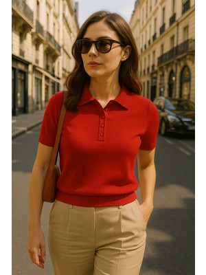 Shophia Polo Yaka Kısa Kollu Kadın Triko Tişört