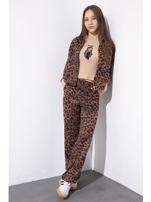 Cansın Mini Taba Leopar Desenli Ceketli ve Pantolonlu Kız Çocuk Badili 3lü Takım  23550