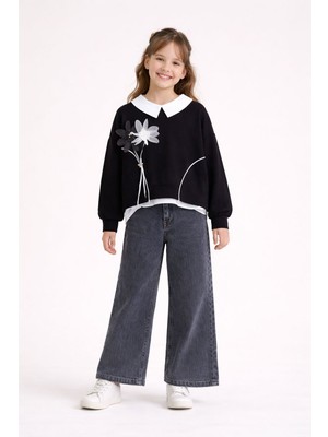 Cansın Mini Siyah Çiçek Detaylı Badili Gömlekli Kız Çocuk 3lü Alt Üst Takım 23529