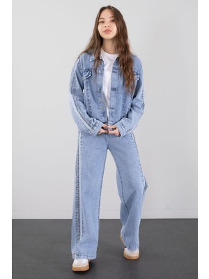 Cansın Mini Mavi Taş Detaylı Düğmeli Ceketli Pantolonlu Kız Çocuk Jean Takım 23467