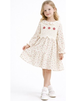 Cansın Mini Kırmızı Çiçek Desenli Nakışlı Süveterli Kız Çocuk Müslin Elbise  23578