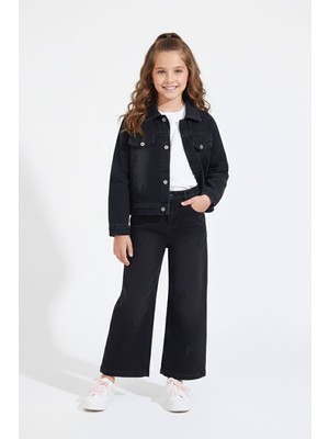 Cansın Mini Siyah Kelebek Nakışlı Düğmeli Ceketli Pantolonlu Kız Çocuk Jean Takım 23445