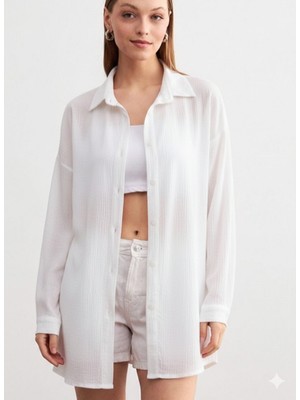 Trendseninle Kadın Beyaz Oversize Uzun Krinkıl Gömlek