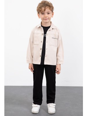 Cansın Mini Krem Yazılı Düğmeli Gömlekli Erkek Çocuk Pantolonlu 3lü Takım  23370