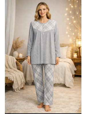 Nena Uzun Kol Ekose Desen Kadın Pijama Takım 14625