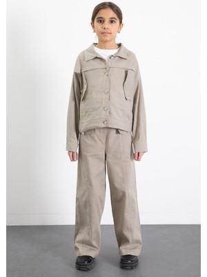 Cansın Mini Bej Düğme Detaylı Keten Gömlekli Pantolonlu Kız Çocuk 2li Takım 23518