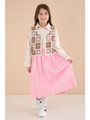 Cansın Mini Pembe Çiçek Desen Örgü Süveterli Gömlekli Kız Çocuk Etekli 3lü Takım  23581