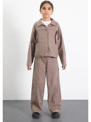 Cansın Mini Kahverengi Düğme Detaylı Keten Gömlekli Pantolonlu Kız Çocuk 2li Takım 23517