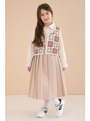 Cansın Mini Kahverengi Çiçek Desen Örgü Süveterli Gömlekli Kız Çocuk Etekli 3lü Takım  23583