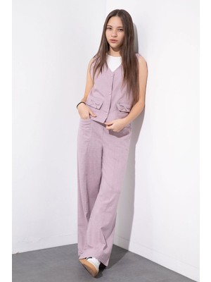 Cansın Mini Pembe Cepli Keten Yelekli Yüksek Bel Pantolonlu Kız Çocuk Alt Üst Takım  23545