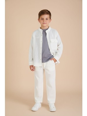Cansın Mini Ekru Keten Gömlekli Pantolonlu Erkek Çocuk 3lü Alt Üst Takım  23575