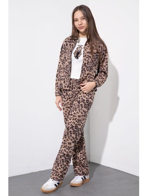 Cansın Mini Kahverengi Leopar Desenli Ceketli ve Pantolonlu Kız Çocuk Badili 3lü Takım  23548