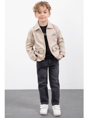 Cansın Mini Bej Çıtçıt Cepli Ceketli Jean Pantolonlu Erkek Çocuk 3lü Takım 23386