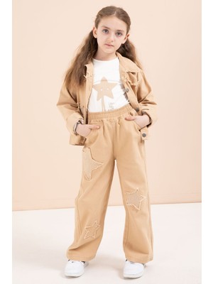 Cansın Mini Kahverengi Taşlı Yıldız Nakışlı Jean Ceketli 3lü Pantolonlu Kız Takım 23436