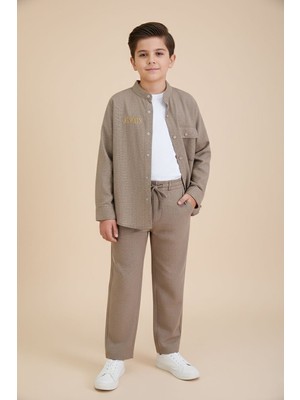 Cansın Mini Kahverengi Keten Gömlekli Pantolonlu Erkek Çocuk 3lü Alt Üst Takım  23574