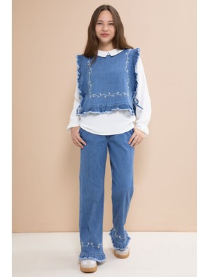 Cansın Mini Mavi Nakışlı Jean Süveterli Püsküllü Pantolonlu 3lü Kız Çocuk Jean Takım  23483