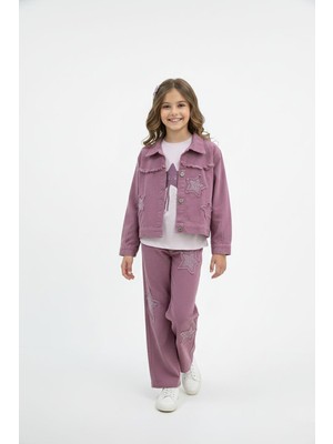 Cansın Mini Gül Kurusu Taşlı Yıldız Nakışlı Jean Ceketli 3lü Pantolonlu Kız Takım 23439