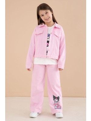 Cansın Mini Açık Pembe Cep Detaylı Ceketli Baskılı Tişörtlü Kız Çocuk 3lü Pantolonlu Takım 23592