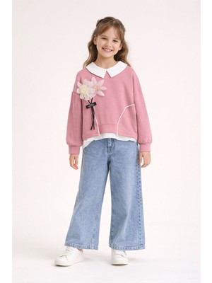 Cansın Mini Pembe Çiçek Detaylı Badili Gömlekli Kız Çocuk 3lü Alt Üst Takım 23530