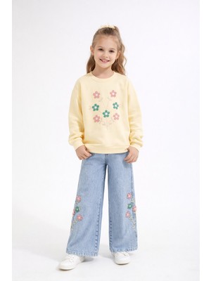 Cansın Mini Krem Çiçek Nakışlı Badili Jean Pantolonlu Kız Çocuk Takımı 23515