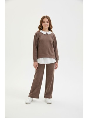 Cansın Mini Kahverengi Taş Detaylı  Pantolonlu Kız Çocuk 3lü Gömlekli Takım 23626