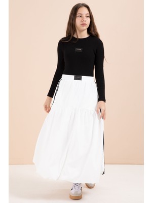 Cansın Mini Beyaz Şeritli Balon Etekli Uzun Kol Badili 2li Kız Çocuk Takım 23464