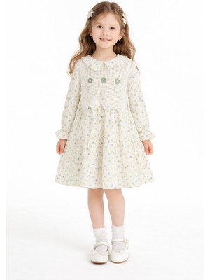 Cansın Mini Yeşil Çiçek Desenli Nakışlı Süveterli Kız Çocuk Müslin Elbise  23577