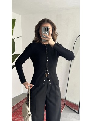 Asfa Moda Kadın Siyah Fitilli Triko Hırka Çıt Çıtlı Dar Kesim Basic Şık Uzun Kollu