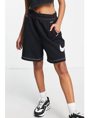 Nike Swoosh Contrast Stitch Fleece High Rise Loose Fit Shorts Kadın Yüksek Bel Bol Kesim Şort Siyah