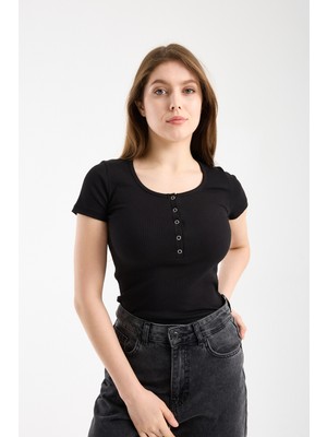 Hdm Kadın Esnek Fitilli Yakası Çıtçıtlı Siyah Kısa Kol Basic Örme Bluz - H5993